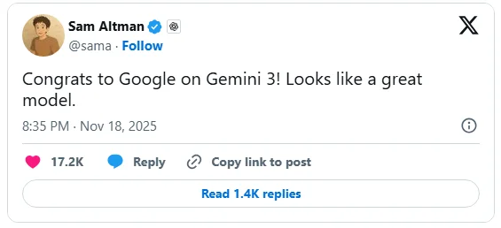 پیام سم آلتمن بخاطر عرضه هوش مصنوعی جمینای ۳