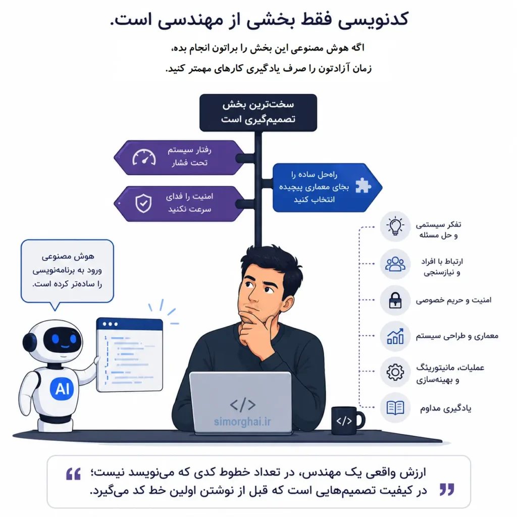 هوش مصنوعی جای شما را نمیگیرد؛ بهشرطی که … هوش مصنوعی جای شما را نمیگیرد؛ بهشرطی که "معمار سیستم" باشید، و نه "تایپیستِ کد"!