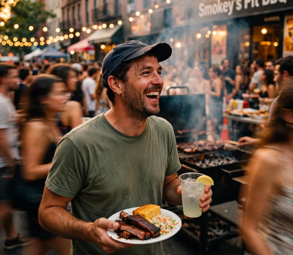 Prompt: A street photographer's shot of a man walking through a crowded summer block party in Brooklyn, mid-laugh, carrying a plate of BBQ in one hand and a lemonade in the other. String lights and smoke from a grill behind him, motion blur on the crowd, shallow depth of field. Warm golden light, shot on 35mm film with natural grain.