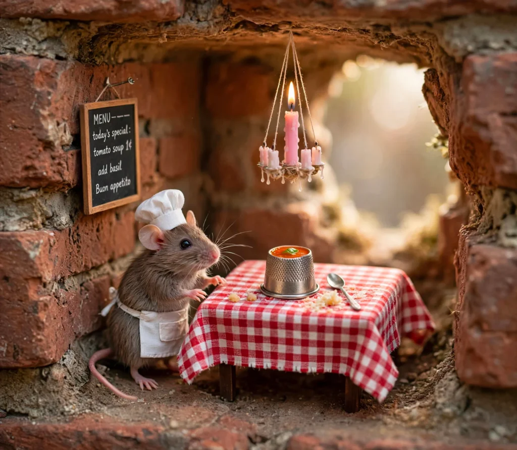 Prompt: A tiny mouse running a miniature Italian restaurant out of a hole in a brick wall — checkered tablecloth on a matchbox table, a birthday candle chandelier that is suspended from ceiling with thread, and a thimble of tomato soup for the guest. Soft warm light, macro photography style, shallow depth of field.